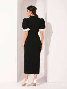 Modelyn 拼接網眼刺繡荷葉邊袖口雙排釦開襟洋裝 - 黑色 - 查看 5