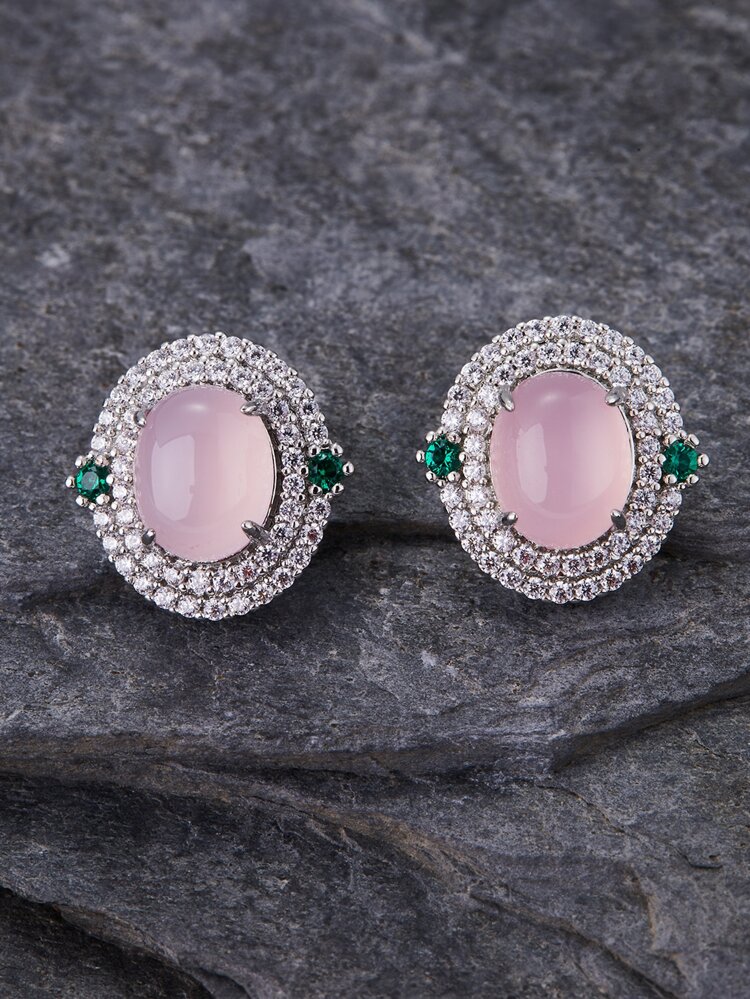 Cubic Zirconia Decor Oval Design Stud Earrings