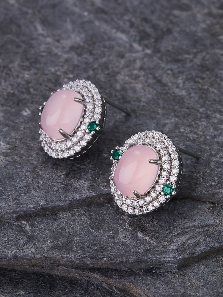 Cubic Zirconia Decor Oval Design Stud Earrings