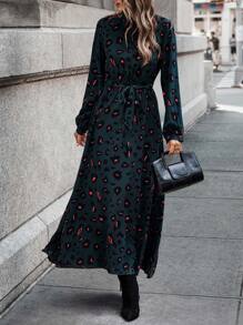 SHEIN LUNE Leopard Print Mock Neck Belted Dress - Teal Blue - View 1