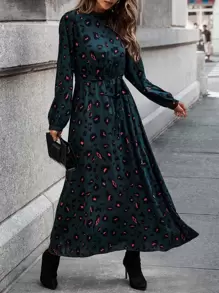 SHEIN LUNE Leopard Print Mock Neck Belted Dress - Teal Blue - View 3