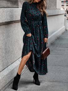 SHEIN LUNE Leopard Print Mock Neck Belted Dress - Teal Blue - View 4