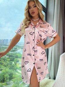 1 心形和睫毛印花撞色滚边缎面睡衣连衣裙 Luxeloungewear，Moo Moo 睡衣 - 淺粉色 - 查看 4