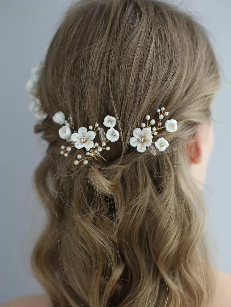 2 piezas Clips para el cabello de novia con flores y perlas falsas, adecuados para accesorios de boda y Día de San Valentín - Dorado - Ver 1