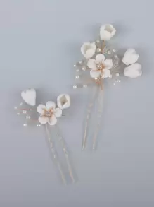 2 piezas Clips para el cabello de novia con flores y perlas falsas, adecuados para accesorios de boda y Día de San Valentín - Dorado - Ver 2