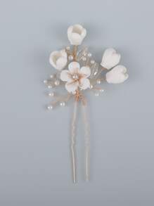 2 piezas Clips para el cabello de novia con flores y perlas falsas, adecuados para accesorios de boda y Día de San Valentín - Dorado - Ver 3