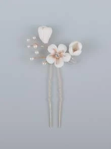 2 piezas Clips para el cabello de novia con flores y perlas falsas, adecuados para accesorios de boda y Día de San Valentín - Dorado - Ver 4