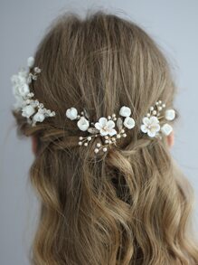 2 piezas Clips para el cabello de novia con flores y perlas falsas, adecuados para accesorios de boda y Día de San Valentín - Dorado - Ver 5