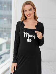 SHEIN 孕妇爱心字母图案哺乳睡裙，适合妈妈们在秋季和冬季穿着。
