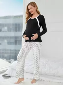 SHEIN Maternity Slogan Graphic Contrast Binding Adjustable Elastic Waist Nursing PJ Set For Mother - Black and White - View 4