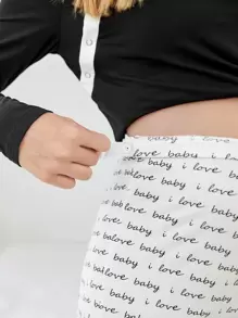 SHEIN Maternity Slogan Graphic Contrast Binding Adjustable Elastic Waist Nursing PJ Set For Mother - Black and White - View 6