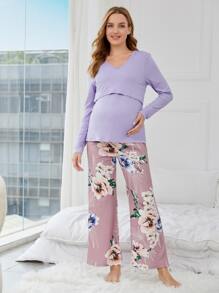 SHEIN Maternity Floral Print Bow Front Adjustable Elastic Waist Nursing PJ Set For Mother - Multicolor - View 3