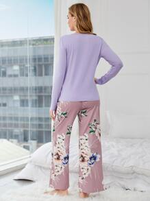 SHEIN Maternity Floral Print Bow Front Adjustable Elastic Waist Nursing PJ Set For Mother - Multicolor - View 2