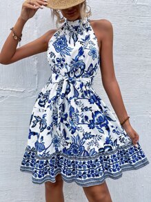 Breezaya Floral Print Belted Halter Dress Vacation Beach Outfits Women - Blue and White - View 4