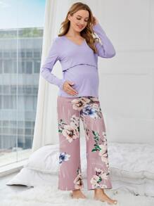 SHEIN Maternity Floral Print Bow Front Adjustable Elastic Waist Nursing PJ Set For Mother - Multicolor - View 4