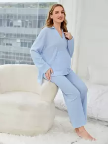 SHEIN Maternity Drop Shoulder High Low Hem Adjustable Waist Lounge Set - Baby Blue - View 1