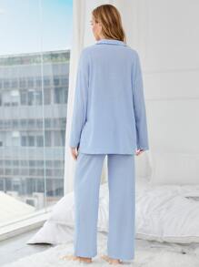 SHEIN Maternity Drop Shoulder High Low Hem Adjustable Waist Lounge Set - Baby Blue - View 2