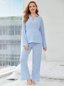 SHEIN Maternity Drop Shoulder High Low Hem Adjustable Waist Lounge Set - Baby Blue - View 4