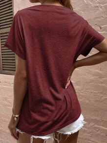 SHEIN LUNE Áo thun nữ Nút màu trơn Giải trí - Màu Đỏ Sâu - Xem 2