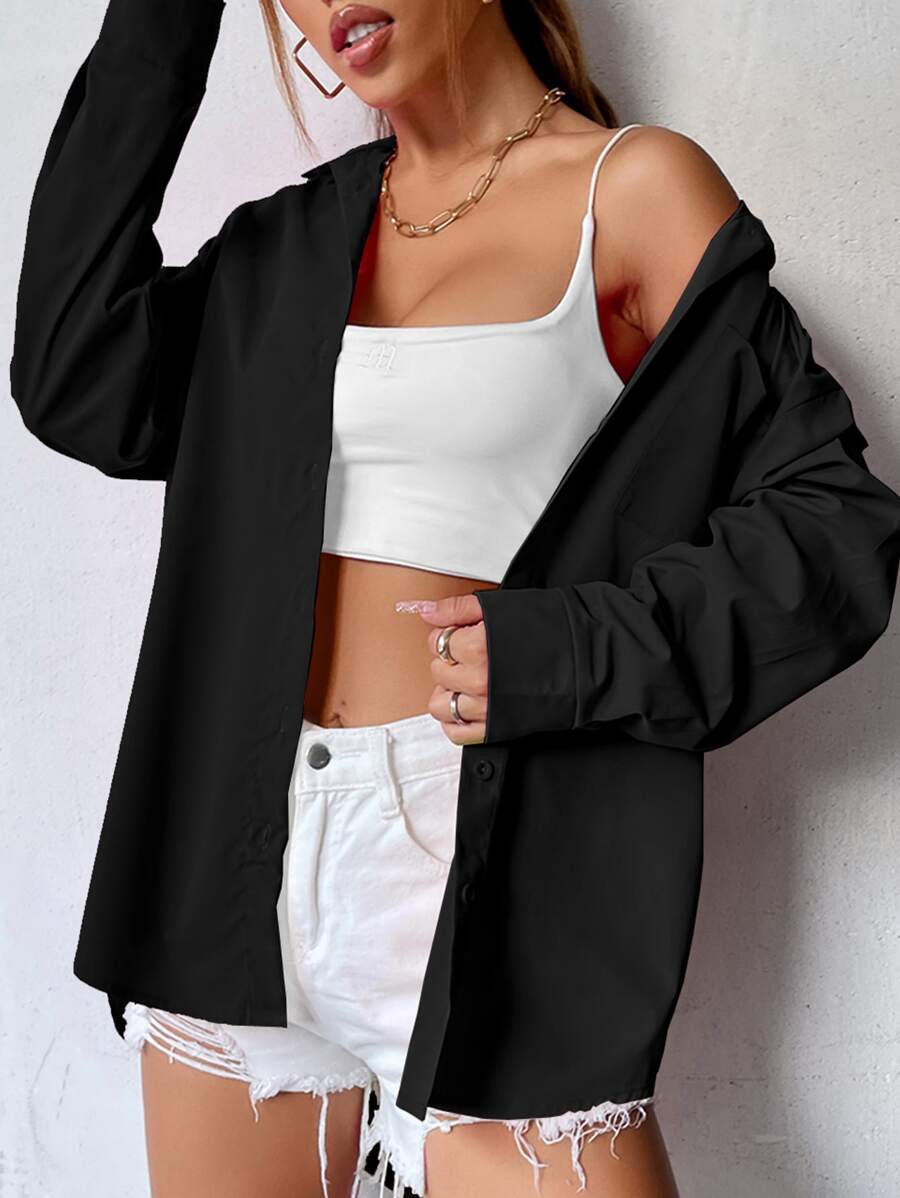 SHEIN MOOSTA Curved Hem Drop Shoulder Shirt,Long Sleeve Tops Fall Cloth For Women