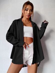 SHEIN MOOSTA Curved Hem Drop Shoulder Shirt,Long Sleeve Tops Fall Cloth For Women