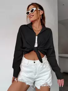 SHEIN MOOSTA Curved Hem Drop Shoulder Shirt,Long Sleeve Tops Fall Cloth For Women