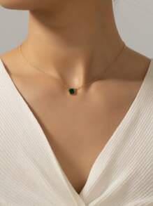 橢圓形寶石吊墜項鏈 - 金黃色 - 查看 1