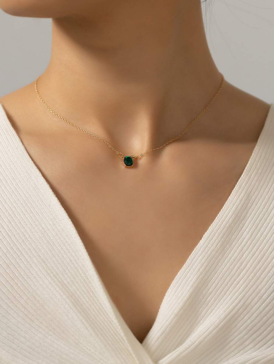 橢圓形寶石吊墜項鏈 - 金黃色 - 查看 1