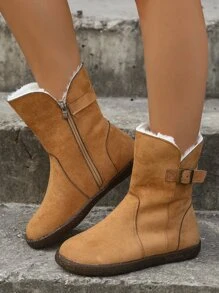 Botas de nieve con cremallera lateral de felpa interior sintética - Camel - Ver 1