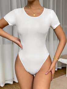 SHEIN Essnce Solid Rib-knit Round Neck Bodysuit - White - View 3