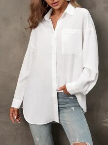 SHEIN LUNE Camisa unicolor con parche de bolsillo de hombros caídos - Blanco - Ver 1