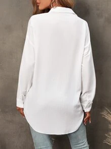 SHEIN LUNE Camisa unicolor con parche de bolsillo de hombros caídos - Blanco - Ver 2