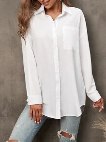 SHEIN LUNE Camisa unicolor con parche de bolsillo de hombros caídos - Blanco - Ver 3
