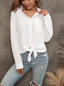 SHEIN LUNE Camisa unicolor con parche de bolsillo de hombros caídos - Blanco - Ver 4