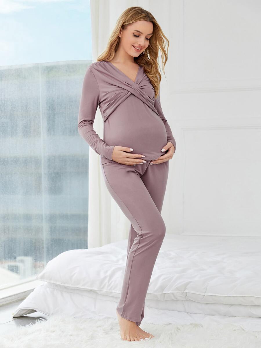 Maternity Wrap Cross Lounge Set - Mauve Purple - View 1