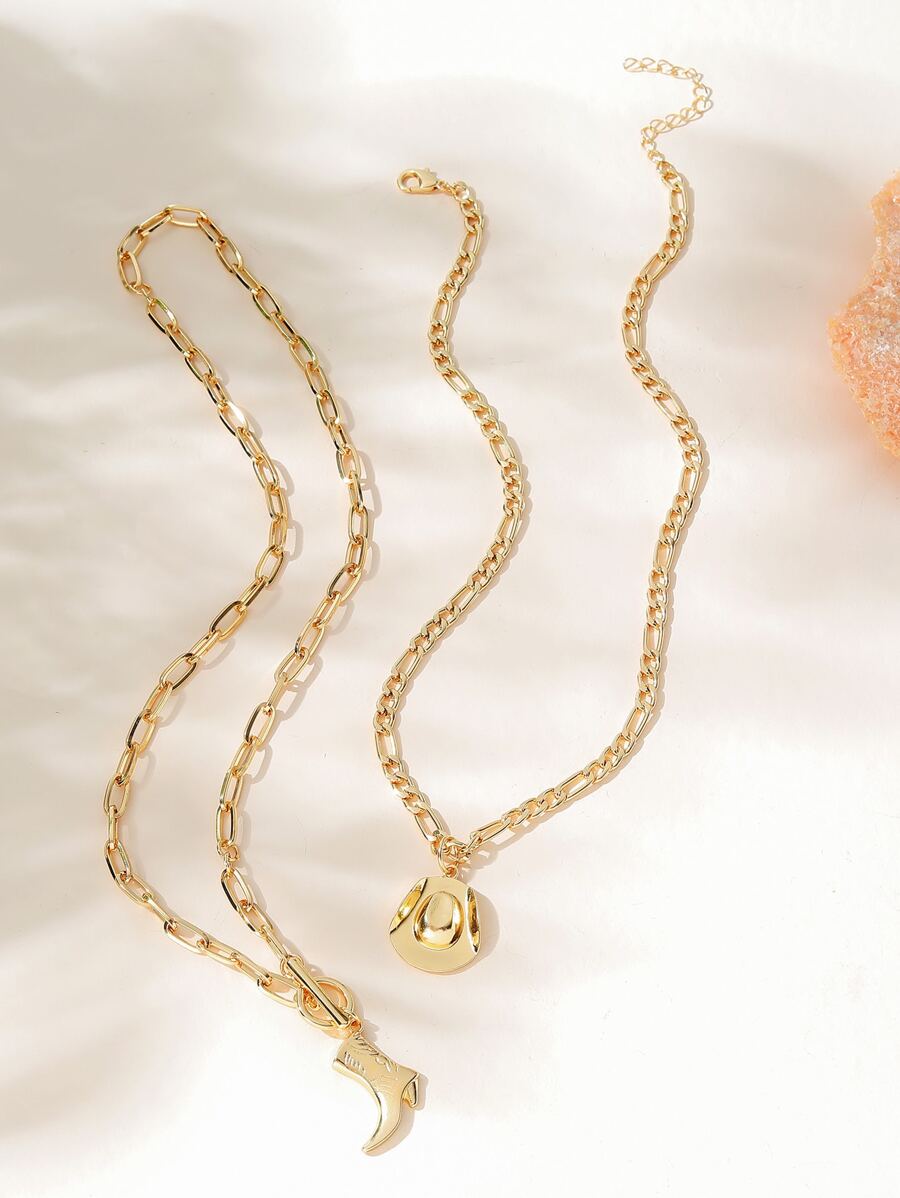 2pcs Cowboy Hat & Boot Pendant Necklace - Yellow Gold - View 1