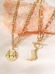 2pcs Cowboy Hat & Boot Pendant Necklace - Yellow Gold - View 2