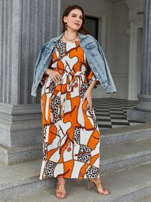 Modelyn Vestido con cinturón con estampado de cadena de hombros descubiertos - Multicolor - Ver 3