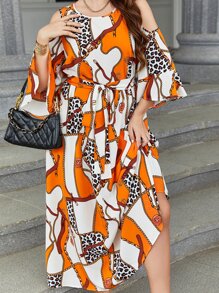 Modelyn Vestido con cinturón con estampado de cadena de hombros descubiertos - Multicolor - Ver 4