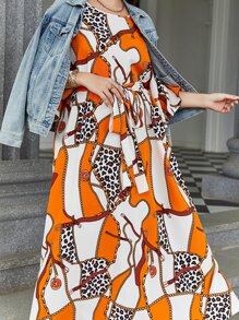 Modelyn Vestido con cinturón con estampado de cadena de hombros descubiertos - Multicolor - Ver 6