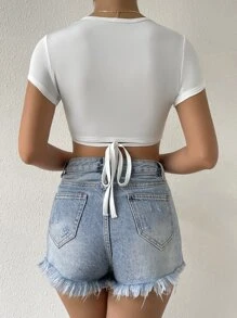 SHEIN Essnce Áo thun nữ Buộc lại màu trơn Gợi cảm - trắng - Xem 2