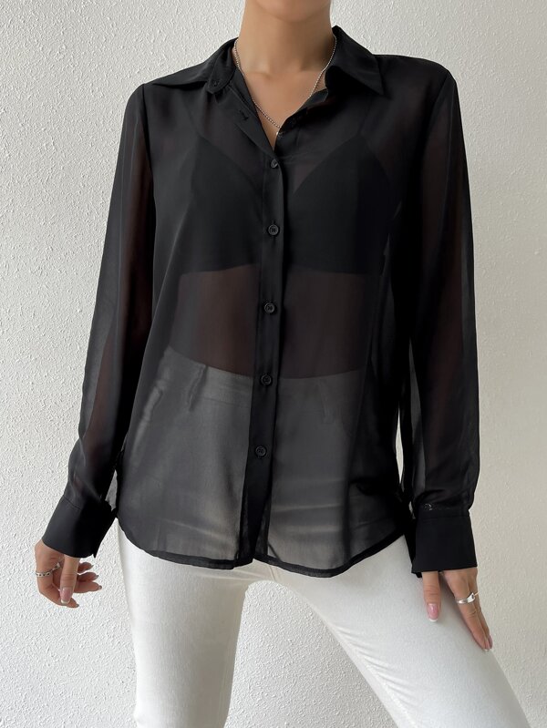 Siren Gaze Sheer Button Front Shirt Without Bra,Long Sleeve Tops