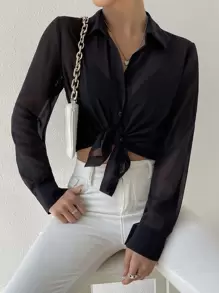 Siren Gaze 透明纽扣前衬衫（无胸罩）、长袖上衣 - 黑色 - 查看 4