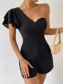 Firerie Date Night One Shoulder Butterfly Sleeve Romper - Black - View 3