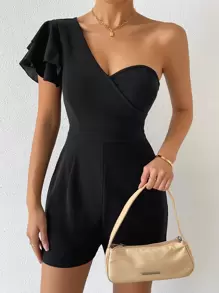Firerie Date Night One Shoulder Butterfly Sleeve Romper - Black - View 7