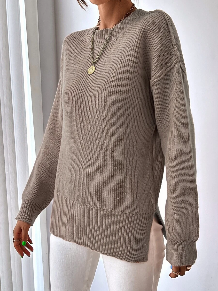 Drop Shoulder Split Hem Ribbed Knit Jumper