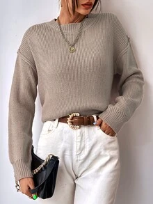 Drop Shoulder Split Hem Ribbed Knit Jumper