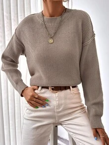 Drop Shoulder Split Hem Ribbed Knit Jumper