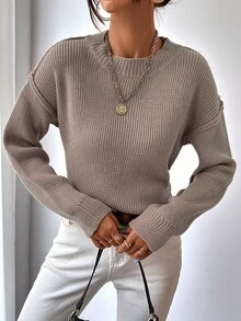 Drop Shoulder Split Hem Ribbed Knit Jumper