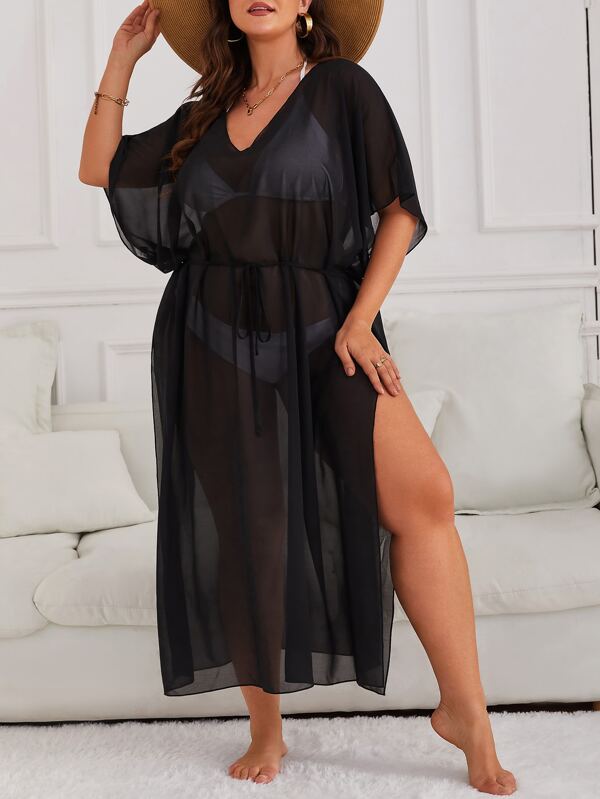 Swim Vcay Rochie de acoperire cu curea, cu mânecă Dolman, cu fante, fără bikini de vară